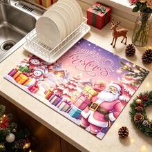1pc Pink Christmas Snowman Pattern Dish Drying Mat, Coffee Machine Mat, Kitchen Dish Drainer Mat, Tabletop Protector, Suitable For Christmas Holiday Scenes, Used For Placing Drained Cups And Plates, Multi-Purpose Drying Mat, Home Gift, Tabletop Decor - XYLSD-1152 - View 3