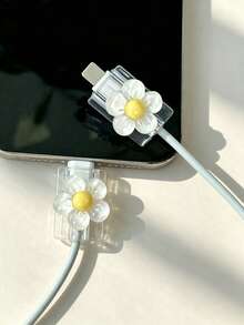 2pcs Cute Transparent Flower Charging Head Protector & Data Cable Protector, Anti-Break, Gift For Boyfriend/Girlfriend - White - View 1