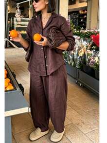 New Vintage Commuter Lapel Shirt And Wide Leg Pants 2-Piece Set, Shirt With Pocket Design, Casual Elegant Style - Coffee Brown - View 1