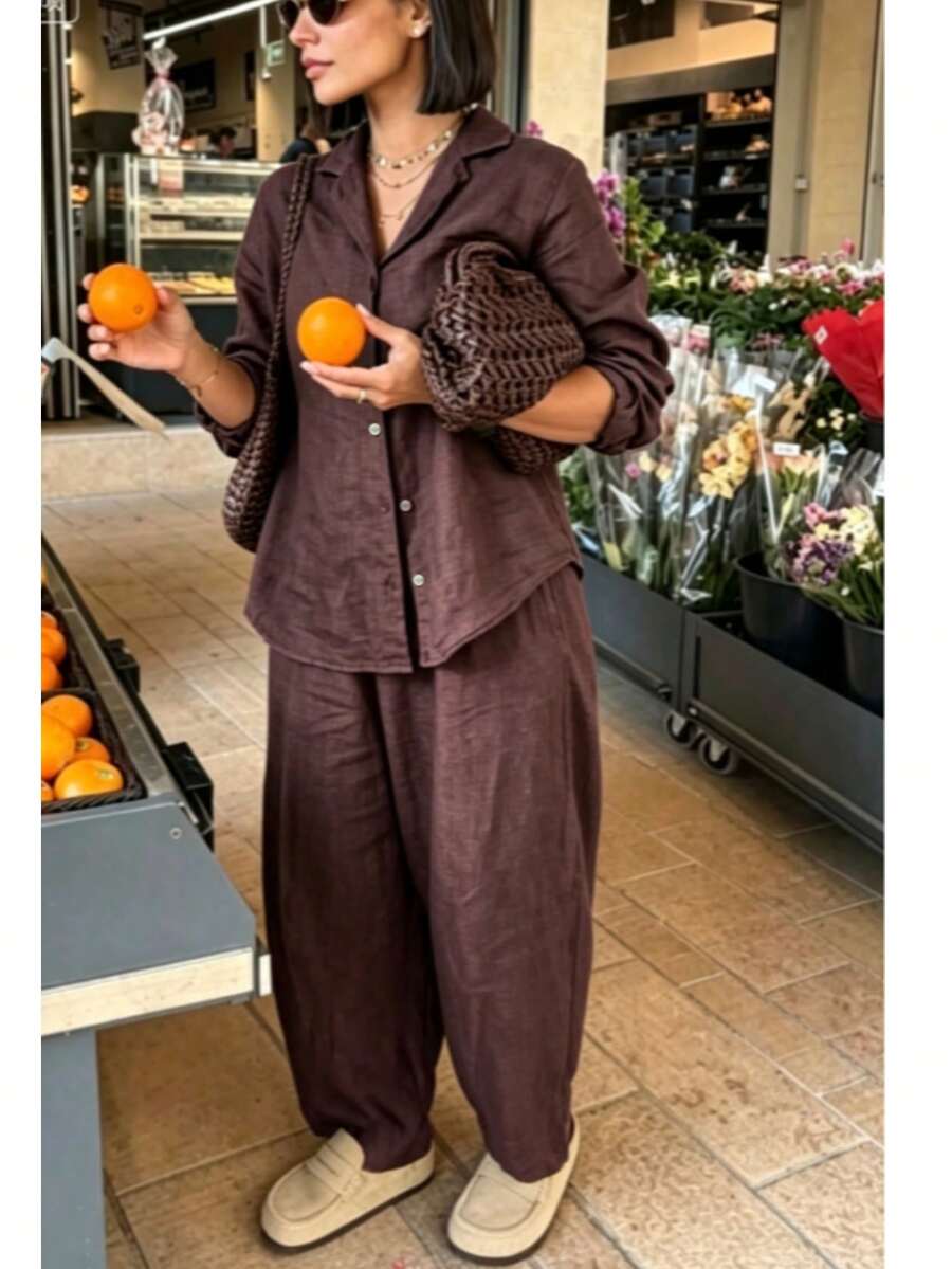 New Vintage Commuter Lapel Shirt And Wide Leg Pants 2-Piece Set, Shirt With Pocket Design, Casual Elegant Style - Coffee Brown - View 1