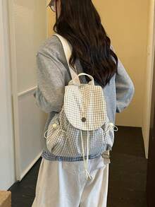 Cream Checked Gingham Print Rucksack, Drawstring Flap Design Large Capacity, For School Daily Travel, Round Metal Buckle Casual Bookbag - Multicolor - View 7