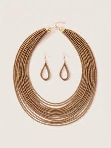 Valisandre Beaded Layered Necklace & Drop Earrings - Yellow Gold - View 2