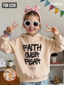 Autumn Winter Girls Fleece Hoodie With FAITH OVER FEAR PSALMS 118 Print White Black Text Long Sleeve Ribbed Cuffs Y2K - Apricot - View 1