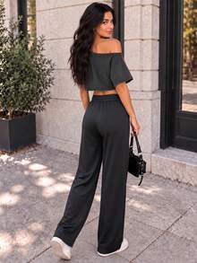 Women's High Waist Drawstring Wide Leg Pants, Loose Athletic Casual Long Pants, Suitable For Gym Workout, Daily Wear And Autumn Outfit - Black - View 5