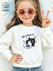 Kids Cute Casual Crewneck Sweatshirt With Cartoon Cat Print, Blue Text & Pattern Decor, White Cotton Long Sleeve Top - White - View 9