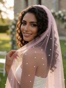 1pc Pink See-Through Tulle Scattered Pearl Veil, Long Flowy Bridal Veil For Pre-Wedding Portrait - Multicolor - View 5