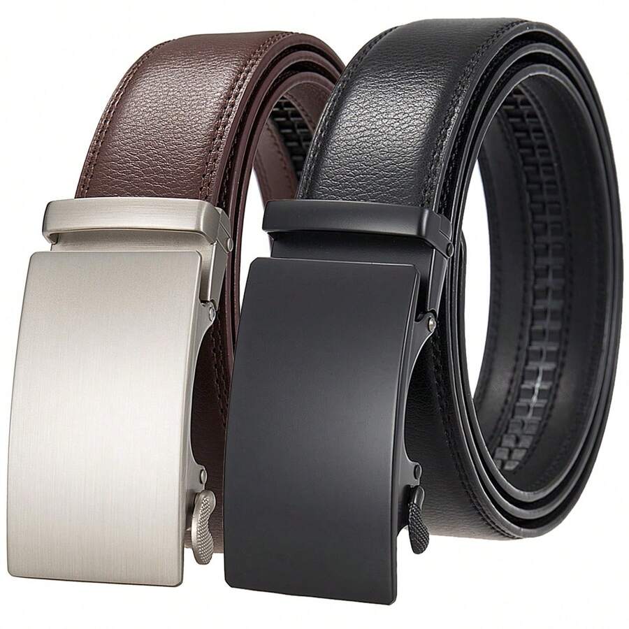 Genuine Leather Automatic Buckle Belt For Men, Cowhide Formal Belt, Simple Business Men's Belt, Adjustable Length, Ideal Gift Choice For Summer, Autumn, Christmas And Winter - 066-191 - View 1