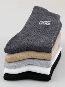 5 Pairs Men's Mid-Calf Socks, Letter Jacquard Heel, Simple, Comfortable, Casual, Fitness, Running Sports Socks - Multicolor - View 4
