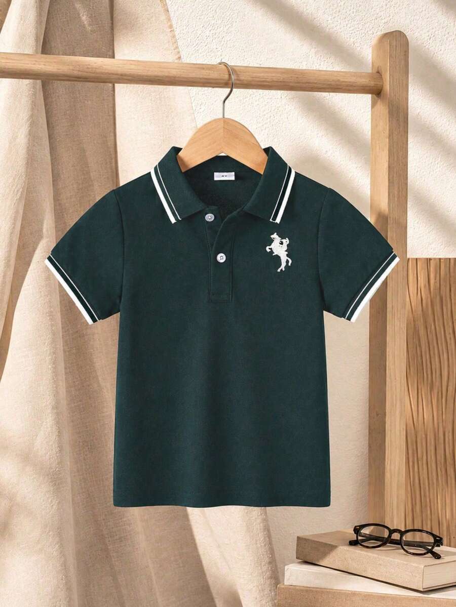 少年骑士刺绣图案休闲百搭通勤短袖Polo衫 - 墨綠色 - 查看 1