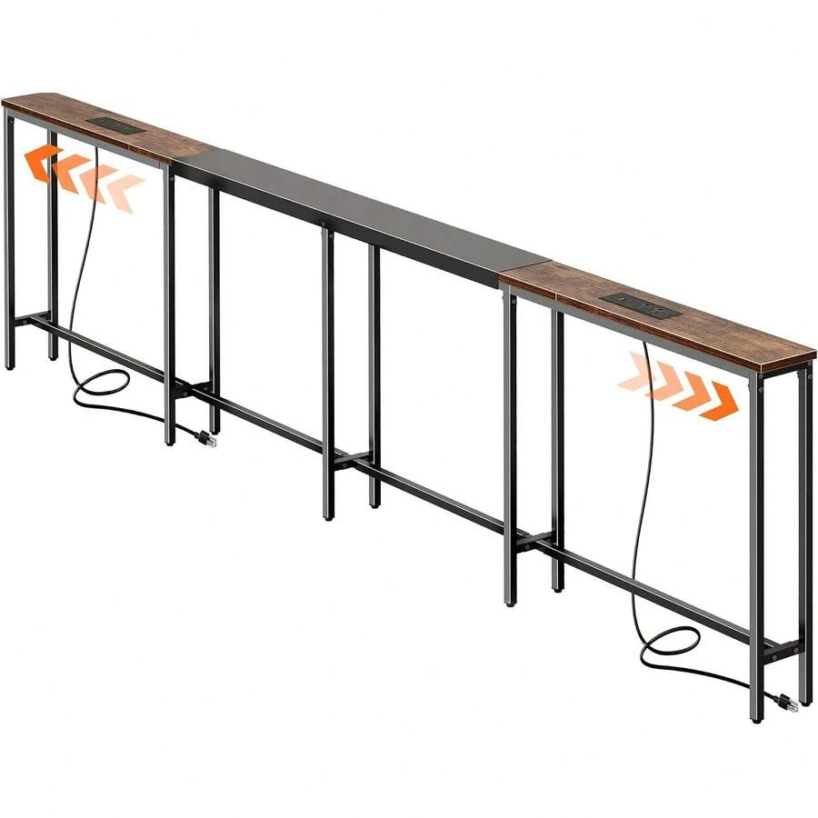 1 Pieza Mesa de Sofá Estrecha con 2 Tomas de Corriente y Puerto USB-C, longitud ajustable de 219.9-279.9 cm, Mesa Consola Larga de Entrada, incluye kit antivuelco para mayor estabilidad, mueble funcional para almacenamiento, pieza versátil para Sala de Estar en espacios interiores del hogar. - Marrón - Ver 1
