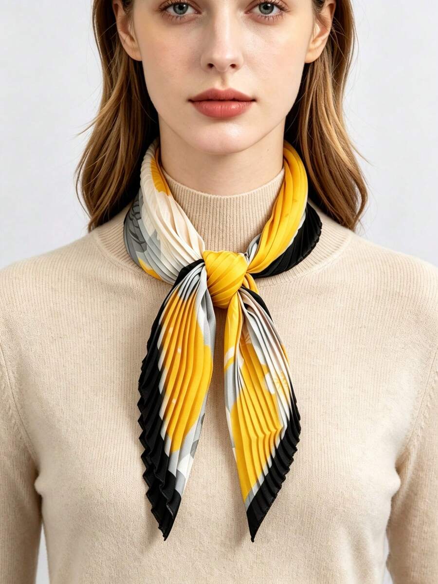 1pc New Summer Fresh Lemon Fruit Floral Pleated Silk Scarf, Satin Pointed Triangle Necktie, Spring/Summer Outfit Bag Decoration Small Scarf - Multicolor - View 1
