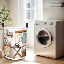 Foldable Laundry Basket, Cartoon Laundry Room Iron And Clothes Printed Storage Box, Round Dirty Clothes Hamper For Bathroom And Bedroom Home Decor - White Washing Machine - View 6