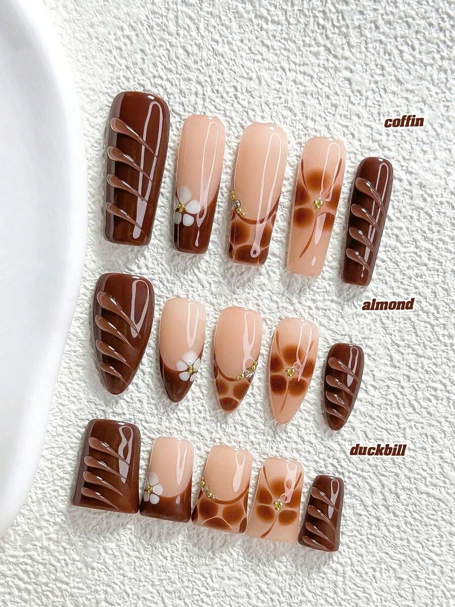 10pcs Autumn Warm Color Madrid Style Handmade Press-On Nails, Polygel ...