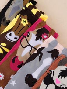 5 Pairs Unisex Multi-Color Assorted Cute Horse Portrait Jacquard Mid-Calf Socks, Soft, Breathable, Creative & Fun Socks - Multicolor - View 5