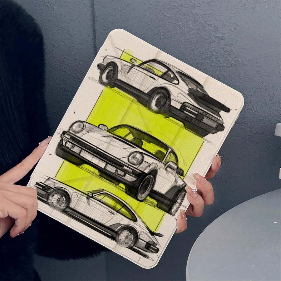1件復古跑車素描平板保護殼，3+Y折多角度磁吸支架，附筆槽與自動休眠/喚醒保護，相容 iPad PRO/AIR、、小米 Pad 5/6/21、OPPO Pad、華為 MatePad、榮耀 Pad