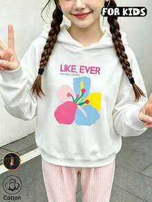 Girls Like Ever Letter & Colorful Abstract Flower Print Hoodie, Long Sleeve Casual Pullover Hooded Sweatshirt - White - View 3