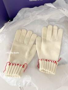 Vintage Design Solid Color Knitted Gloves For Women, Warm Finger-Separated Touchscreen Woolen Gloves, Unique Contrast Stitching Niche Versatile Outdoor Cold-Proof Gloves - Multicolor - View 6