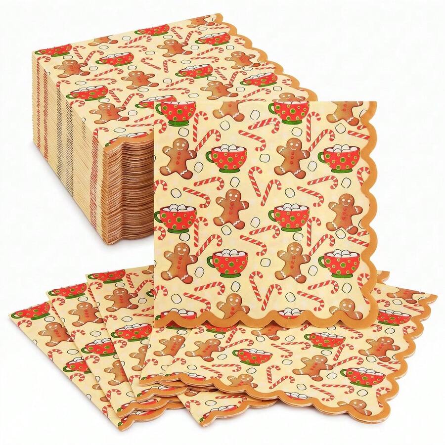 20/40/60pcs Christmas Gingerbread Man Disposable Paper Napkins, 2-Ply Candy Cane Hot Cocoa Mug Pattern Napkins, Christmas Cookie Exchange, Winter Tea Party, Christmas Family Dinner Table Decor, 6.5*6.5 Inches - Multicolor - View 1
