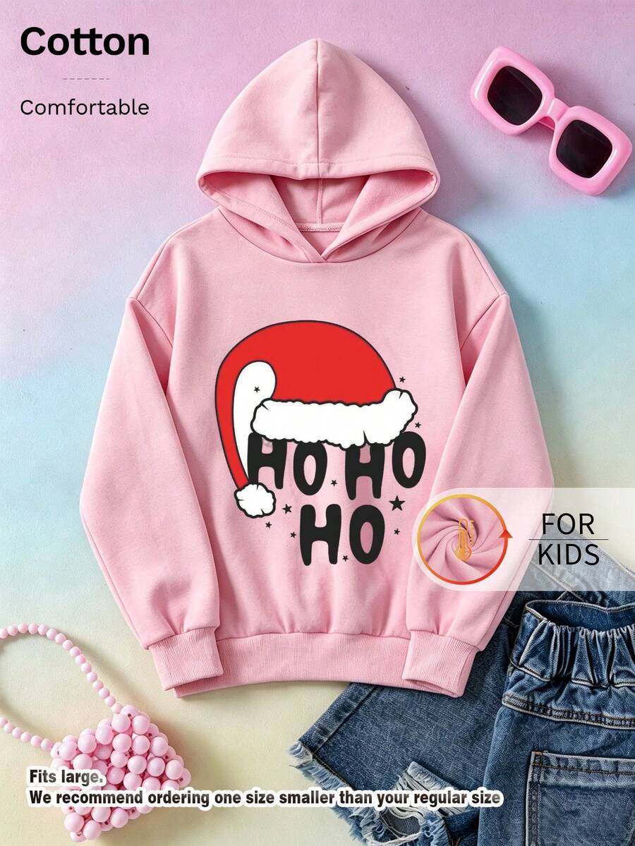Kids Cotton Hoodie, Christmas Santa Hat Ho Ho Ho Letter Graphic Drawstring Pullover Sweatshirt For Girls Holiday Wear - Pink - View 1