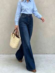 Women's Elegant Dark Wash Straight Leg Jeans, Mid-Waist Button Detail Denim Pants, Mid-Stretch, Suitable For Casual Or Business Wear - Royal Blue - View 5