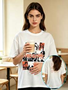 Strays Kids This & That Album Collage Print T Shirt, Vintage  Fan Short Sleeve Casual Tee. - White - View 1