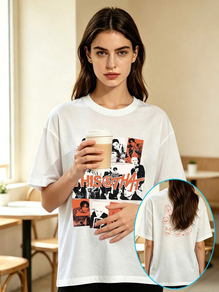 Strays Kids This & That Album Collage Print T Shirt, Vintage Fan Short Sleeve Casual Tee. - White - View 1