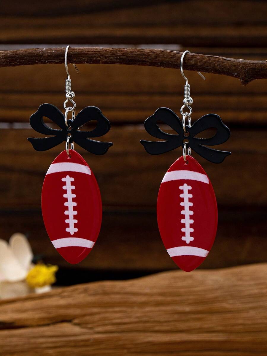 1 Pasang Anting Gantung Akrilik Motif Pita Hitam & Bola Sepak Merah yang Modis, Aksesori Pesta Bertema Olahraga untuk Penggemar Sepak Bola, Hadiah - Merah - View 1