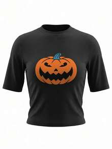 Kaos Rajut Lengan Pendek Leher Tinggi Motif Halloween untuk Wanita, Pakaian Wajib Musim Gugur - Hitam - View 5