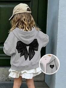4-7 Years Old Girls Zipper Hooded Cardigan, Black Bow Decor Grey Casual Hooded Jacket - Grey - View 1