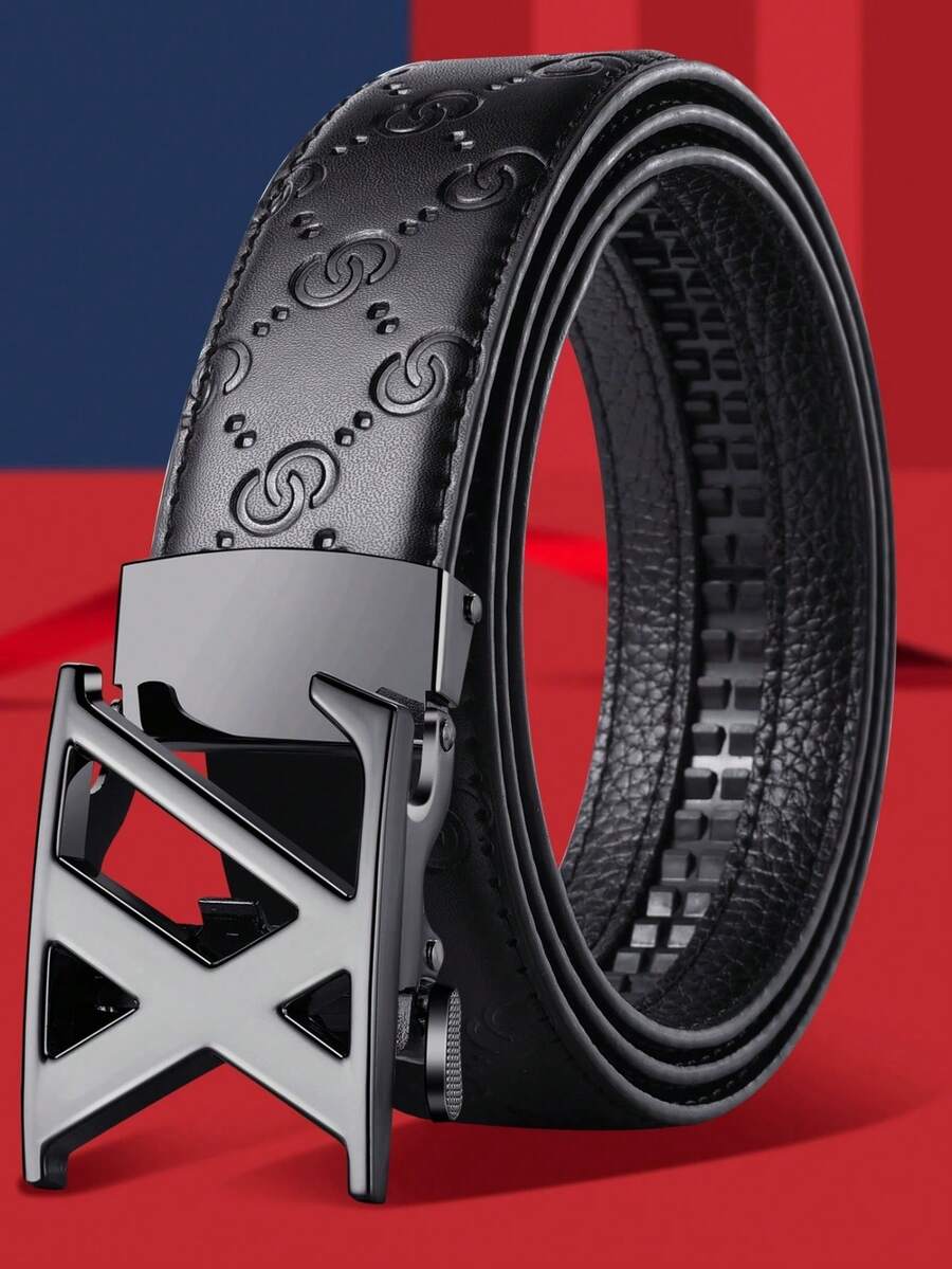 Men Black Embossed Ratchet Belt, Hollow X Shaped Metal Buckle, Classic Pattern Strap For Formal & Daily Outfits - Multicolor - View 1