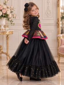 Vestido Infantil Mexicano de Catrina con Falda de Tul Negro y Detalles Brillantes - Negro - Ver 4
