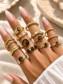 Set Cincin Batu Mata Harimau Asimetris Geometris Vintage Punk Mewah Modis 16/8pcs, Cincin Jari Bergaya Ins yang Didesain dengan Desain Mengkilap Metalik Berkerut, Cocok untuk Pesta, Pertemuan, Liburan, Hadiah untuk Teman dan Keluarga, Pemakaian Sehari-hari - Yellow Gold - View 2