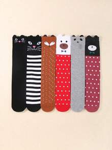 1/6 Pairs Random Kids Cute Cartoon Animal Knee High Socks, Girls Striped Polka Dot Long Boot Socks, Warm Fall Winter Stockings, Costumes For Girls - Multicolor - View 11
