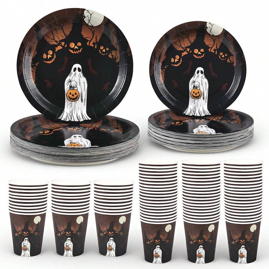 20/24/40pcs/Set Haunted Dark Forest Ghost Pumpkin Moon 7/9 Inch Round Paper Plates And Cups Set, Halloween Night Disposable Tableware, Gothic Garden Dinner, Dessert Table, Outdoor Picnic, Camping BBQ And Buffet Decoration - Multicolor - View 1