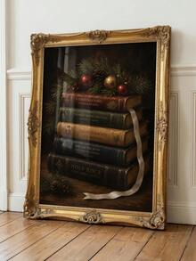 1pc Framed Canvas Wall Art Decor, Vintage Stacked Christmas Books And Pine Branch Ornament Print, Dark Academia Rustic Holiday Wall Hanging, Aesthetic Atmosphere Home Decor, Modern Home Decoration, Room Decor, Dorm Decor, Bedroom Decor, Bathroom Decor, Kitchen Decor, Dining Room Decor, Living Room Decor, Office Decor - Books - View 8
