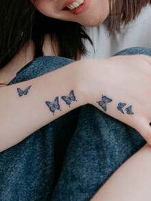 1pc Herbal Juice Semi-Permanent Magic Tattoo Sticker, Aesthetic Hollow Butterfly Pattern, Long-Lasting 14 Days, Non-Fading, Non-Reflective, Temporary Tattoo For Arm, Shoulder, Neck, Collarbone And Body - Blue - View 3
