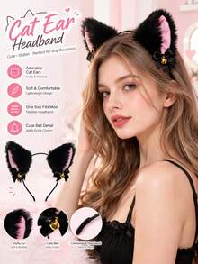 2/1pc Women's Sexy Cat Ear Headband With Bell 2pcs/1pc, Cute Cosplay Rabbit Ear Headband, Perfect For Photo, Hair Accessory - Multicolor - View 2