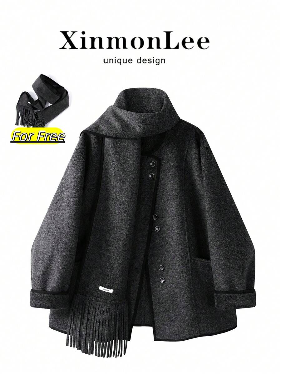 Premium Vintage Loose Overcoat With Buttons, Suitable For Evening Dates, Travel And Daily Wear In Spring And Autumn - Dark Grey - View 1