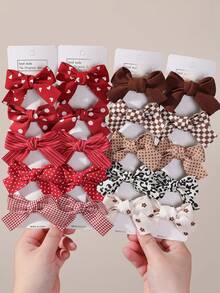 5/10/20pcs Girls Red & Brown Printed Bow Hair Clips, Simple Basic Side Clips, Back Of Head Clips, Alligator Hair Clips, Hair Accessories, Headwear, Back To School, Daily Use - Multicolor - View 1