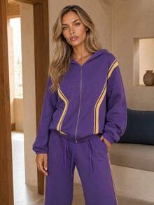 Dancing Leopard Purple Striped Zip Up Hoodie, Relaxed Weekend Loungewear - Purple - View 1