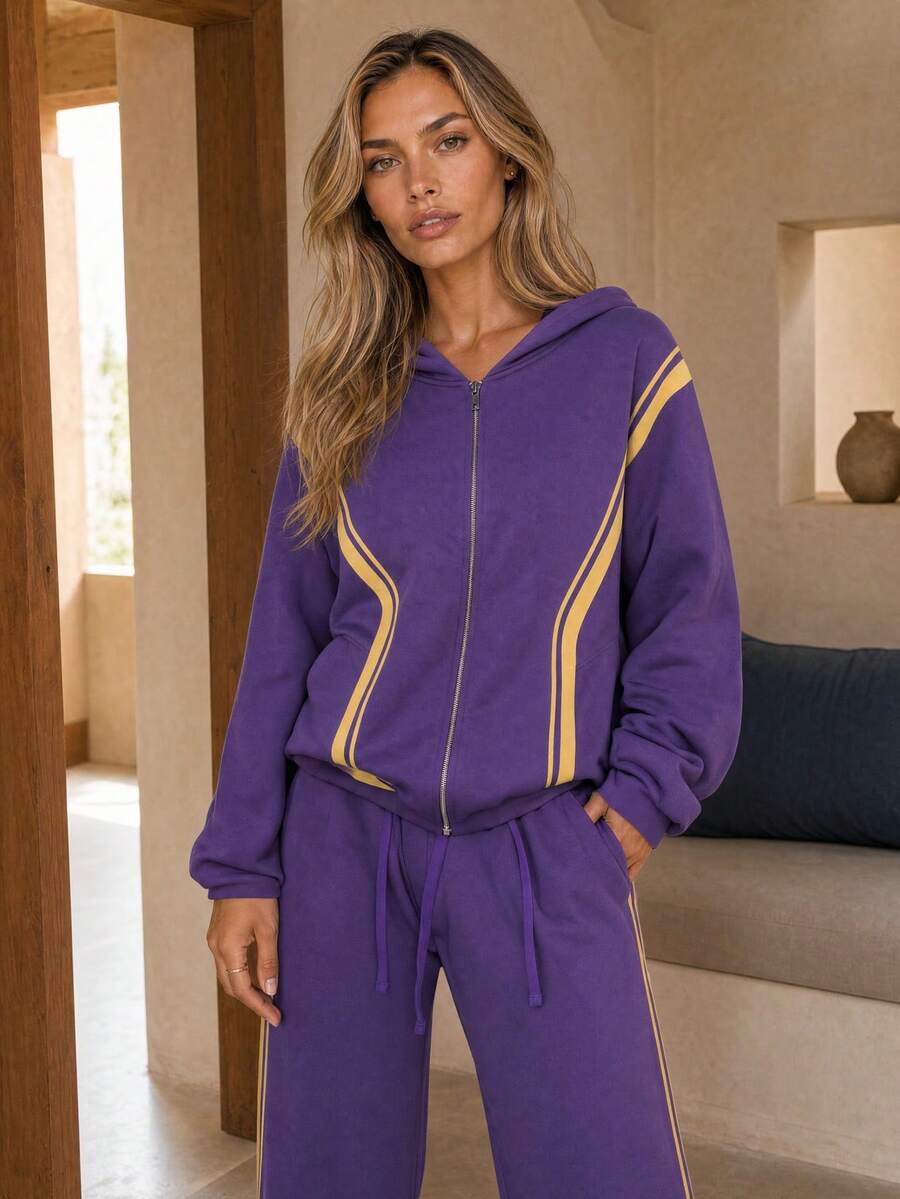 Dancing Leopard Purple Striped Zip Up Hoodie, Relaxed Weekend Loungewear - Purple - View 1