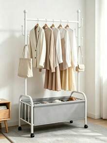 Freestanding Rolling Metal Garment Rack, Heavy‑Duty Clothing Hanger Stand With Removable Storage Basket, 4 Side Hooks & Lockable Wheels, Portable Clothes Organizer For Bedroom, Dorm, Apartment For Hanging Coats Dresses & Folding Linens - Multicolor - View 2