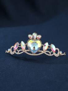 1pc Vintage Gold Heart Crystal Bridal Crown, Elegant Court Style Gemstone Tiara, Evening Party & Wedding Accessory - Multicolor - View 7