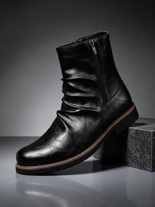QRLQRL Autumn/Winter Men's Ruched Stacked Ankle Boots, Side Zipper Square Toe Thick Sole Fashion Boots, Urban Commute Streetwear Footwear - Black - View 1