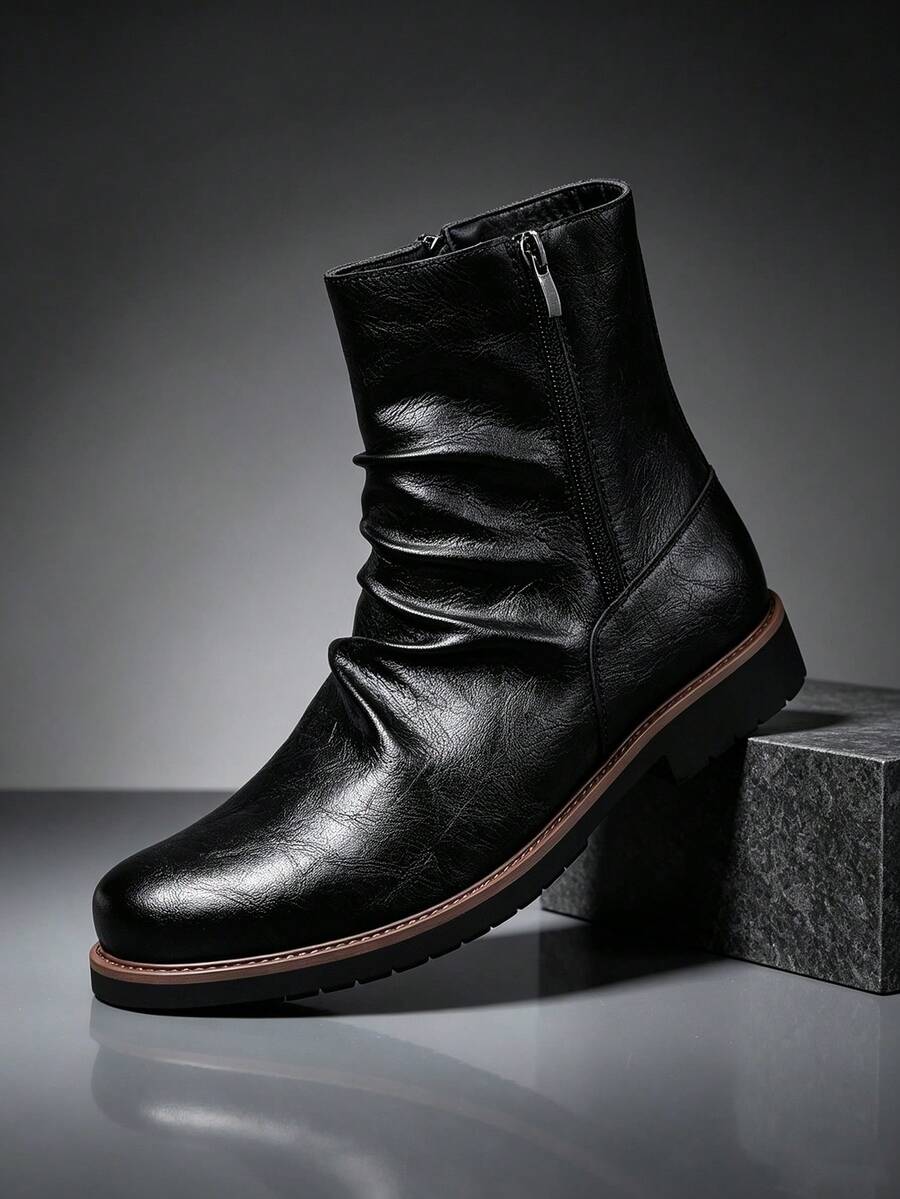QRLQRL Autumn/Winter Men's Ruched Stacked Ankle Boots, Side Zipper Square Toe Thick Sole Fashion Boots, Urban Commute Streetwear Footwear - Black - View 1