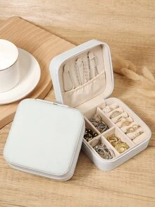 Contemporary Mini Jewelry Box, Zipper Travel Organizer For Necklaces, Earrings, Rings, Bracelets, Compact & Secure - White - View 6