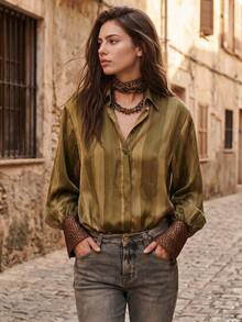 Women's Autumn Long Sleeve Top, Fashionable Elegant Casual Striped Print Leopard Print Cuff Patchwork Design, All Season Daily Commute Blouse - Olive Green - View 2
