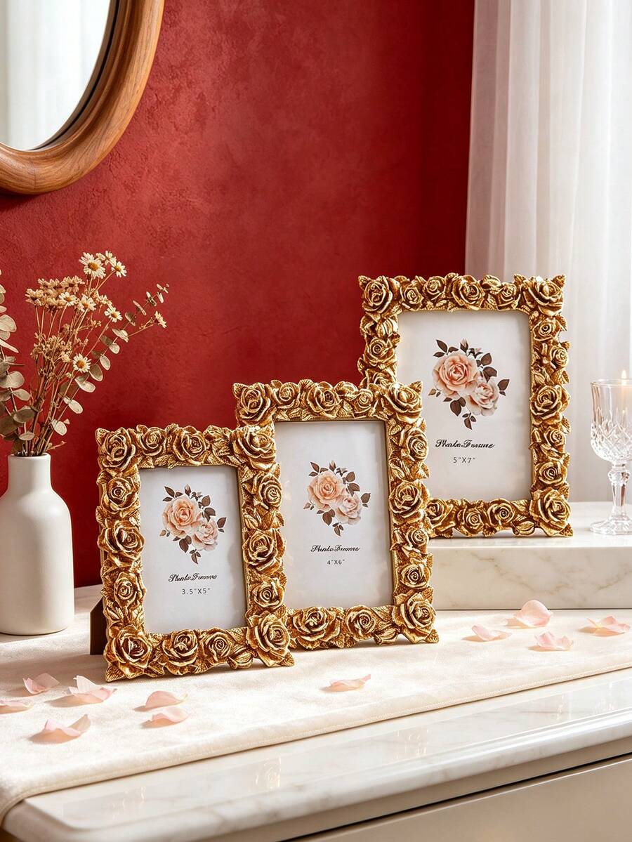 1pc Gold Rose Border Rectangular Photo Frame, European Style Resin Material Decorative Photo Frame, Embossed Photo Frame, Rose Tabletop Frame, Luxury Photo Holder, Gilded Vertical Frame, Can Be Placed Horizontally Or Vertically, Suitable For Decorating Photos And Photo Frames, Gift Photo Frame, Wedding Photo Frame