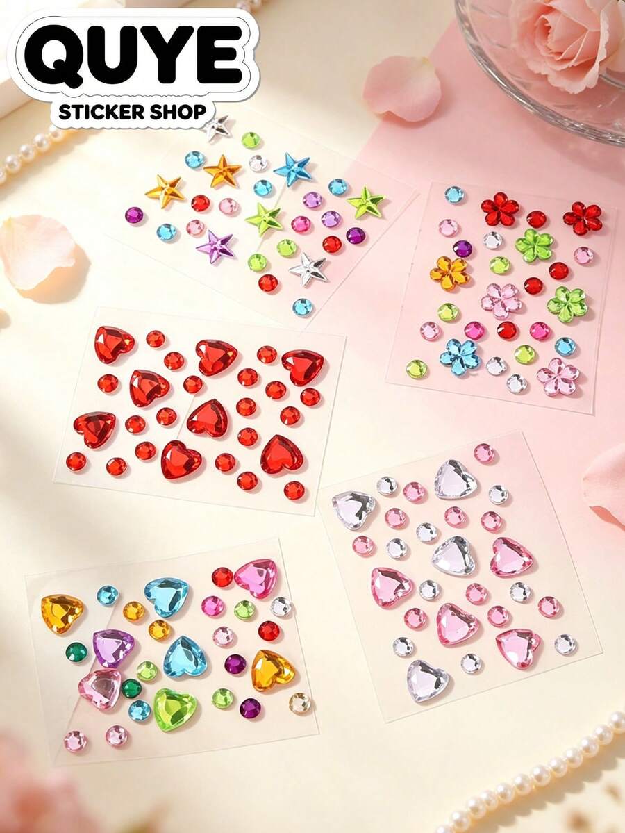 1 Set Sticker Planner Supplies, Acrylic Gemstone Decoration, Multi-Shape Rhinestone Decals, Heart Star Flower Cut Design, Glossy Finish, Self-Adhesive, Suitable For Personal Item Surface Decoration