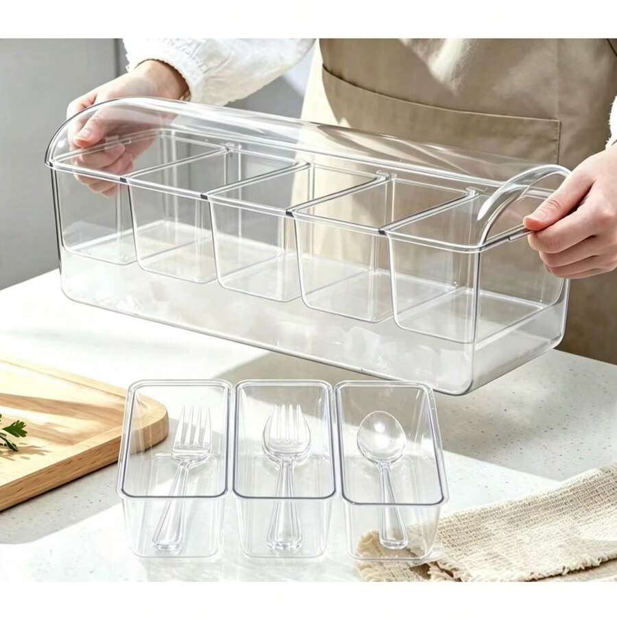 Keep‑Fresh Chilled Serving Platter, Transparent Divided Condiment Caddy With Removable Inner Boxes & Dust‑Proof Lid, Ice‑Chamber Base Keeps Food Cool For Pool Party, Camping, Kitchen Counter Storage - Clear - View 1